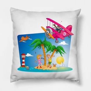 Two airplanes and a girl and boy on an island Pillow