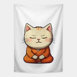 Cute Meditating Cartoon Monk Cat Tapestry