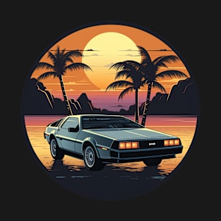 DeLorean inspired car Sunset Palm Trees front side T-Shirt