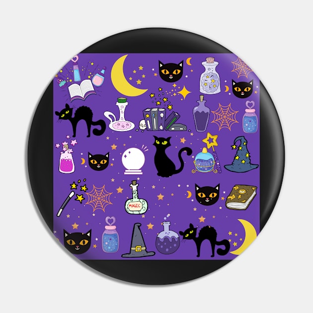 Black Cat Black Magic_Purple Background Pin by leBoosh-Designs