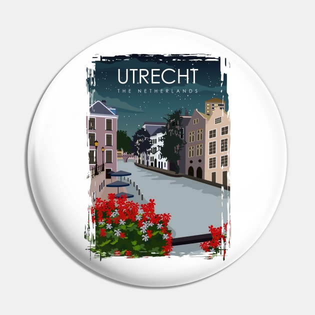 Utrecht The Netherlands Vintage Minimal Retro Travel Poster at Night Pin by jornvanhezik