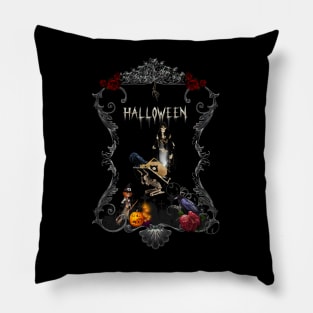 Funny halloween design with skeleton, witch and crows Pillow