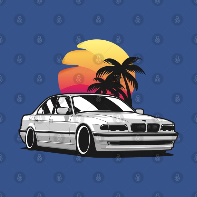 White E38 classic saloon in sunset by KaroCars