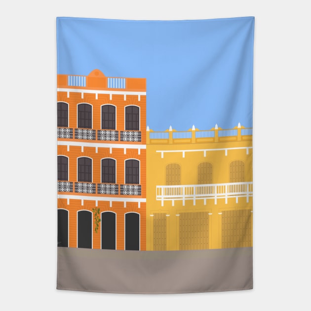 Colorful Buildings in Getsemani, Colombia Tapestry by lymancreativeco