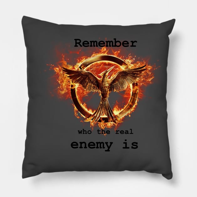 Catching fire: “Remember who the real enemy is” Pillow by Thalionwen Creates