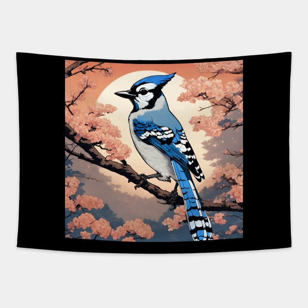 Blue Jay Bird Vintage Retro Japanese Blue Jay Girl Loves Bird and Bird Mom Tapestry by wigobun
