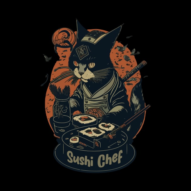 Retro Japanese-Inspired Feline Culinary Cat as Sushi Chef by star trek fanart and more
