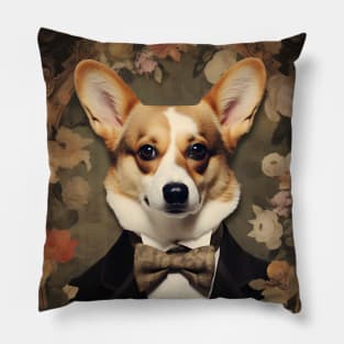 Floral Corgi Portrait in Suit Vintage Art Pillow