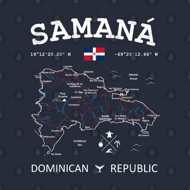 Dominican Republic Flag Travel Map Samana Coordinates Roads Rivers and Oceans White by French Salsa