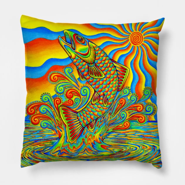 Psychedelic Rainbow Trout Fish Pillow by rebeccawangart