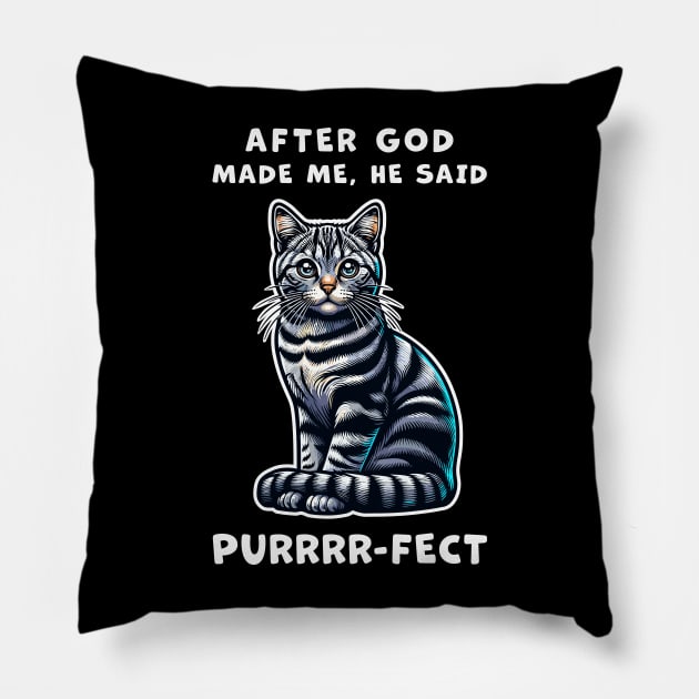 Tabby cat funny graphic t-shirt of cat saying "After God made me, he said Purrrr-fect." Pillow by Cat In Orbit ®