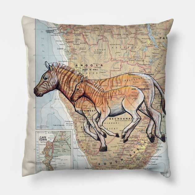 Quagga Horses on Map Pillow by lizstaley