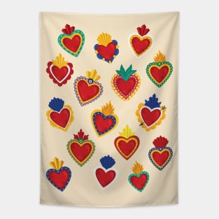 Mexican Sacred Hearts Pattern / Beige Background by Akbaly Tapestry