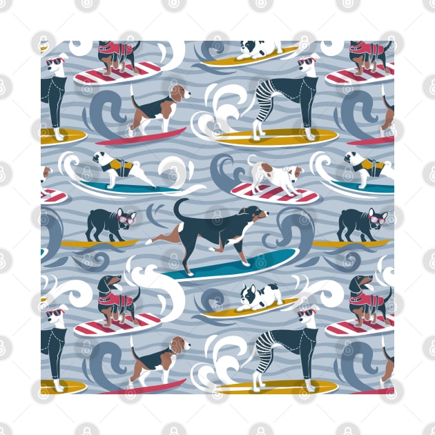 Happy dogs catching waves // pattern // pastel blue background darker blue waves brown white and blue doggies yellow red and turquoise surf and bodyboards by SelmaCardoso