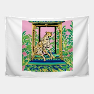 Preppy cheetah in a pagoda bed Tapestry