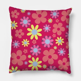 Hippie Floral Pink Blue Yellow Flower Seamless Pattern Pillow