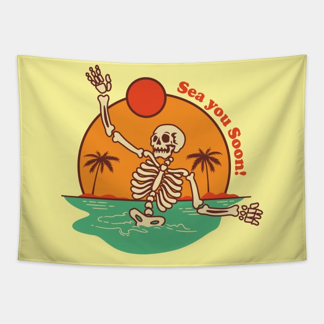 Sea you Soon Punny Skeleton Tapestry by waltzart