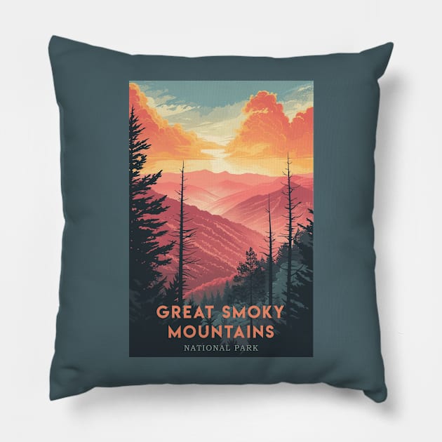 Great Smoky Mountains national park travel poster Pillow by GreenMary Design