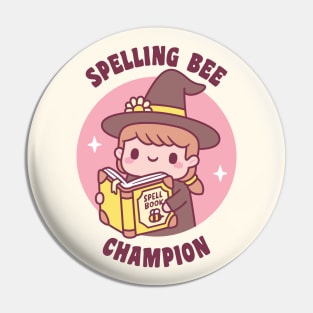 Cute Witch With Spell Book, Spelling Bee Champion Funny Pin