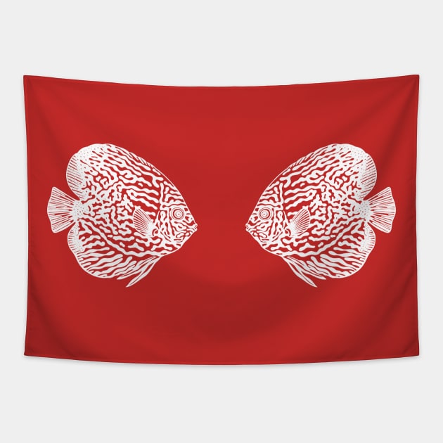 Discus Fish in Love - cute hand drawn aquarium fish design Tapestry by Green Paladin