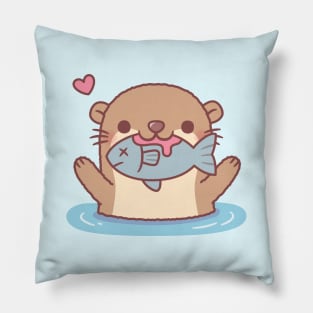 Cute Otter Catching Fish Funny Pillow