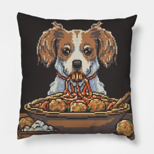 pixel art dog eating spaghetti Pillow