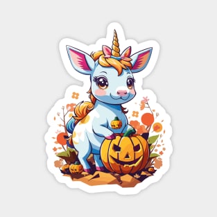 Halloween Kawaii Baby Unicorn and Deers Playing with a Small Pumpkin Magnet