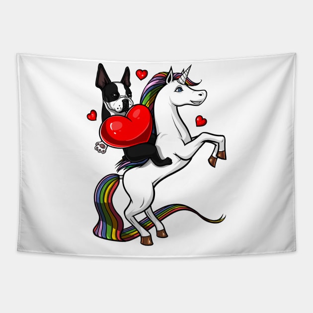 Boston Terrier Dog Riding Unicorn Tapestry by underheaven