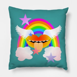 Groovy Winged Lips, Rainbow & Stars - ORANGE Pillow