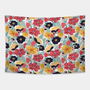 Pastel Colorful Flowers on Gray Background Tapestry