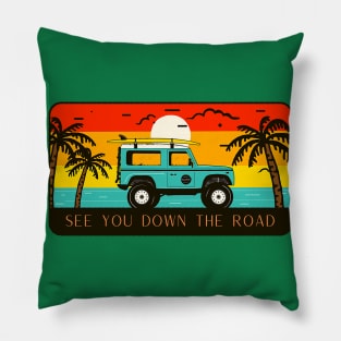 See you Down the Road (jeep at shore during sunset) Pillow