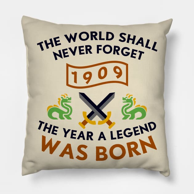 1909 The Year A Legend Was Born Dragons and Swords Design Pillow by Graograman