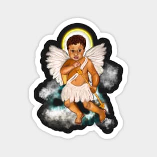 The Best Valentine’s Day Gift ideas 2022, Cupid.... baby angel holding an arrow with halo - curly Afro Hair and gold arrow Magnet