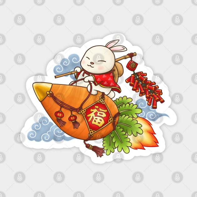 CNY Year of the Rabbit Funny Rabbit Flying Carrot Magnet by Takeda_Art