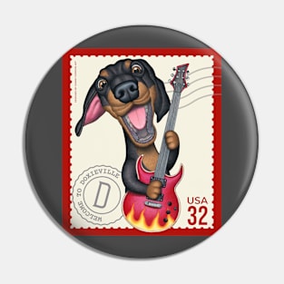 Cute Doxie playing guitar on vintage postage stamp Pin