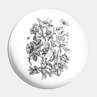 Rose Flower and Butterflies Black & White Vintage Illustration Pin