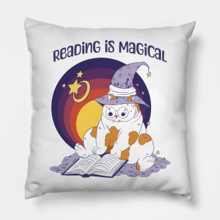 Reading Is Magical Adorable Cat in Witch Hat design Pillow