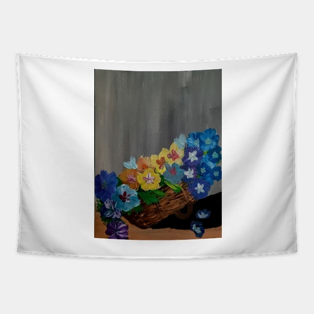 A bouquet of pansies flowers in a wicker basket Tapestry by kkartwork