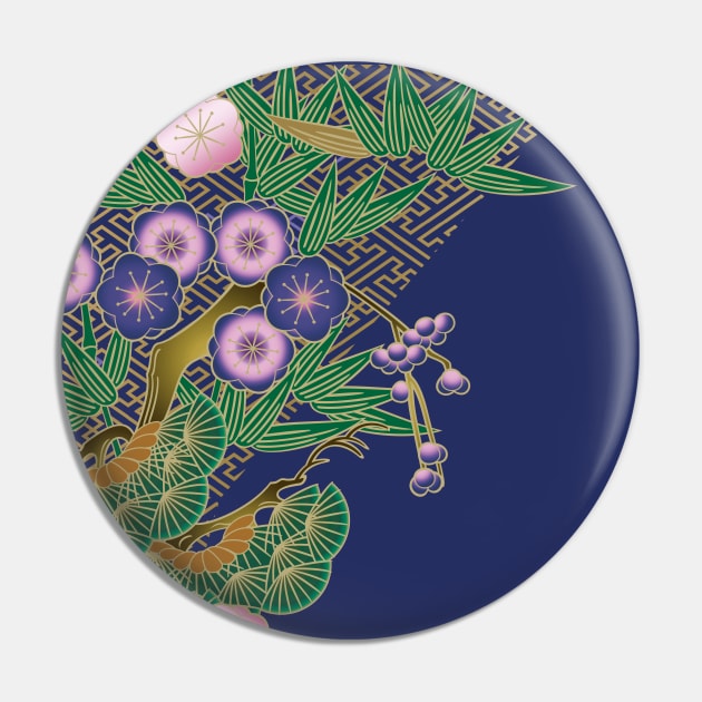 Cherry blossoms, pine tree and bamboo on blue Pin by Blacklinesw9