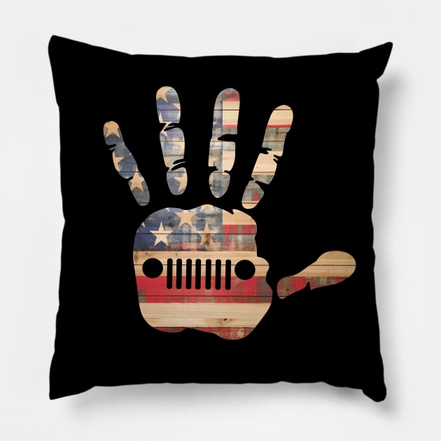 Jeep Hand Palm Print Funny USA Flag Vintage Design Old Cars for Jeep Lovers Pillow by Printofi.com