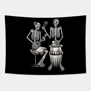 Sugar skull couple lover playing drum and ukulele celebration day of the dead. Tapestry