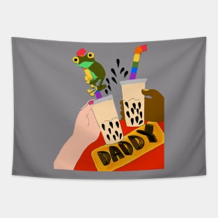 Happy Daddy and Babies with Bubble Milk Tea Tapestry