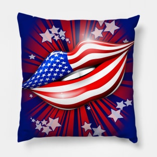 USA Flag Lipstick on Smiling Lips Pillow