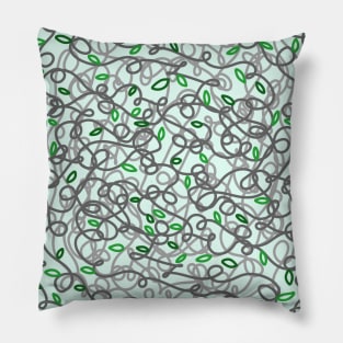 Loopy Twisted Tangled Vines and Leaves Abstract Doodle Design on a light spring green backdrop, made by EndlessEmporium Pillow