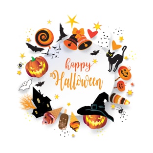 Halloween Night Party Decoration Treat or Trick Characters Pumpkin Paper Art T-Shirt