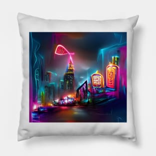 Futuristic Neon City Pillow