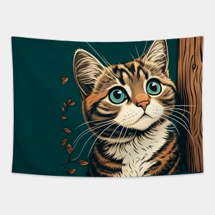 Funny Cat Behind The Tree - Love Cats Tapestry