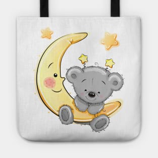 Cute teddy bear hanging on the moon Tote