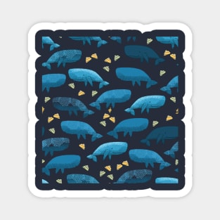 Blue whales illustration poster with pattern of whales and yellow seashells Magnet