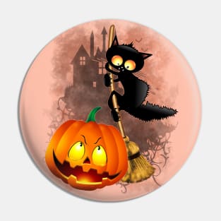 Cat Fun Halloween Character scared by a Pumpkin Pin